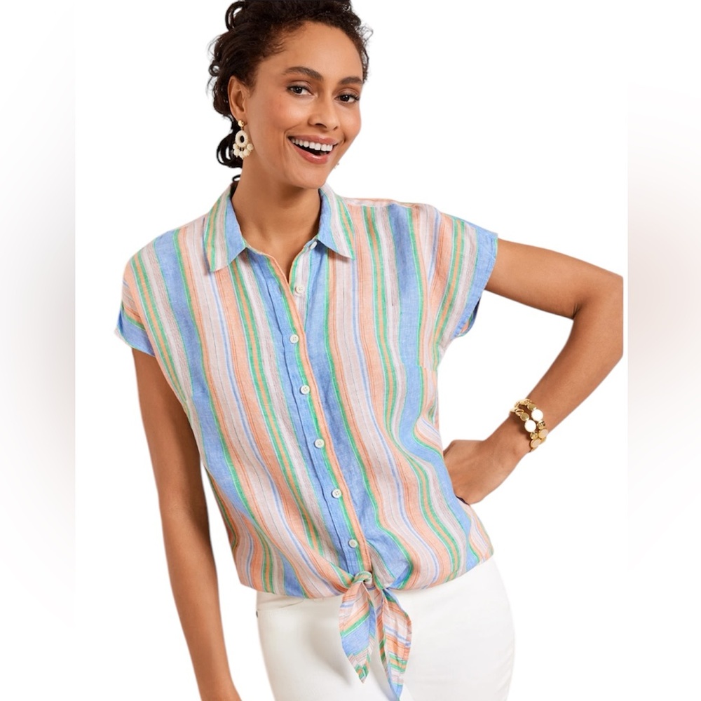 Talbots Linen Hem Button Front Tie Top Button Down NWT Size XL
